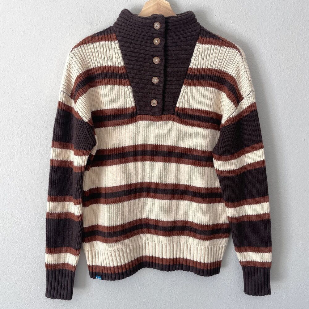 KAVU Nola Mock Neck Pullover Sweater Women's Size S Ridge Stripe Cream Brown